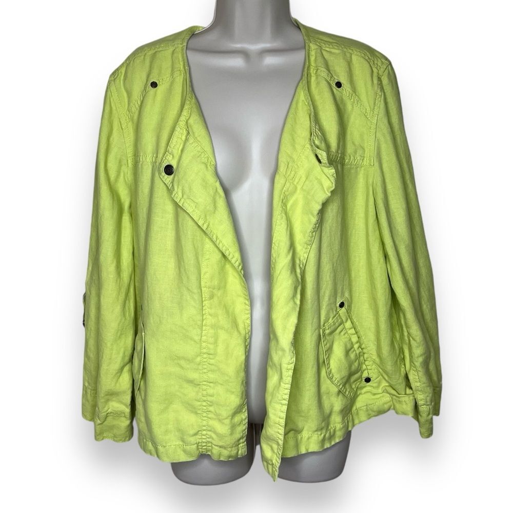 Chicos Drape Front Easy Linen Jacket Chartreuse Roll Tab Sleeve Women Size Large